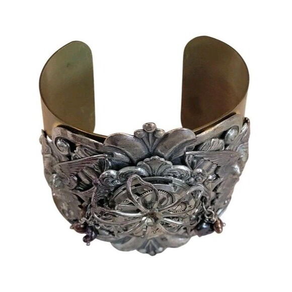 Steampunk Large Cuff Bracelet Brass & Silver Tone Watch Gear Art Nouveau Design - Picture 4 of 11